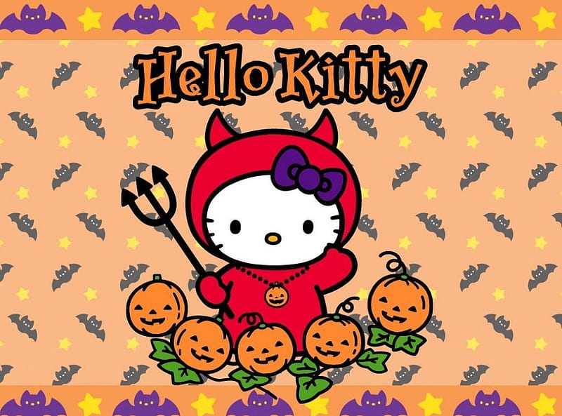 Hello Kitty, dress, trick or treat, holiday, halloween, bow, cute, pumpkin, pink, fork, HD wallpaper