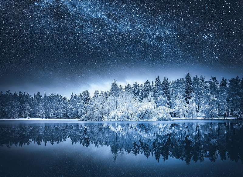 milky way, reflection, lake, snow, trees, winter, night, Landscape, HD wallpaper