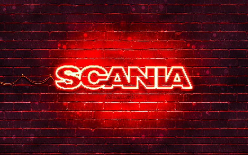 Scania red logo, , red brickwall, Scania logo, brands, Scania neon logo, Scania, HD wallpaper