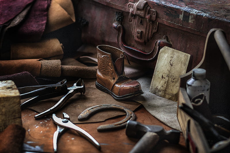assorted hand tools with unpaired brown work boot, HD wallpaper