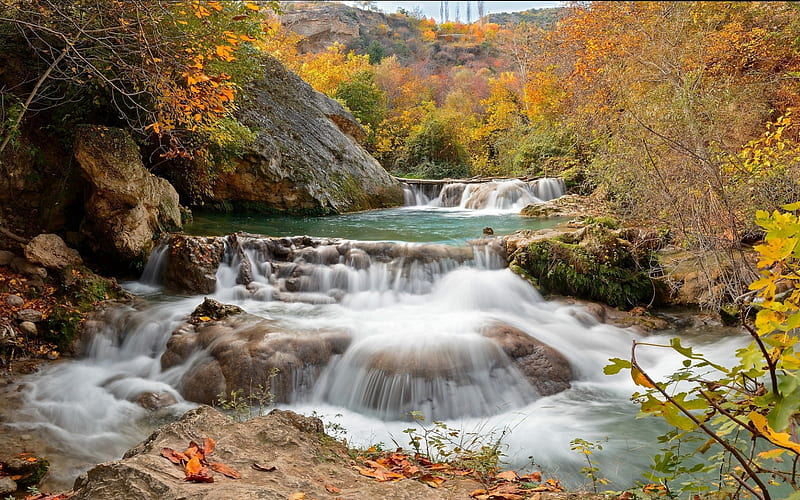 mountain river, autumn, waterfalls, rapids, yellow trees, mountain landscape, HD wallpaper