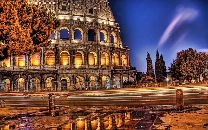 Rome, Colosseum, night, Flavian Amphitheatre, R, italian landmarks, Italy, Europe, HD wallpaper
