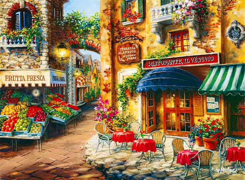 Buon appetito, bon appetite, shop, pretty, dinner, colorful, cafe, appetito, fruits, sunny, bonito, nice, lunch, painting, village, flowers, street, art, delicious, lovely, town, breakfast, market, restaurant, summer, vegetables, HD wallpaper