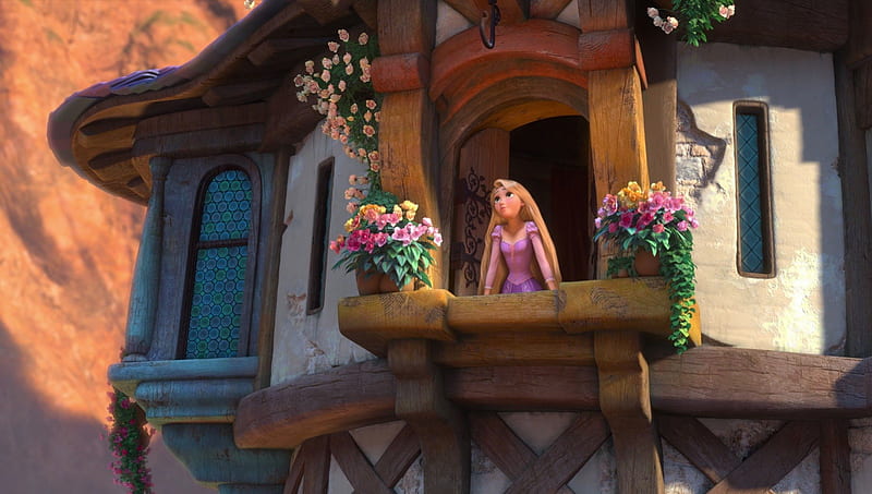 Tangled (2010), rapunzel, window, movie, blonde, tower, flower, tangled, princess, pink, disney, HD wallpaper