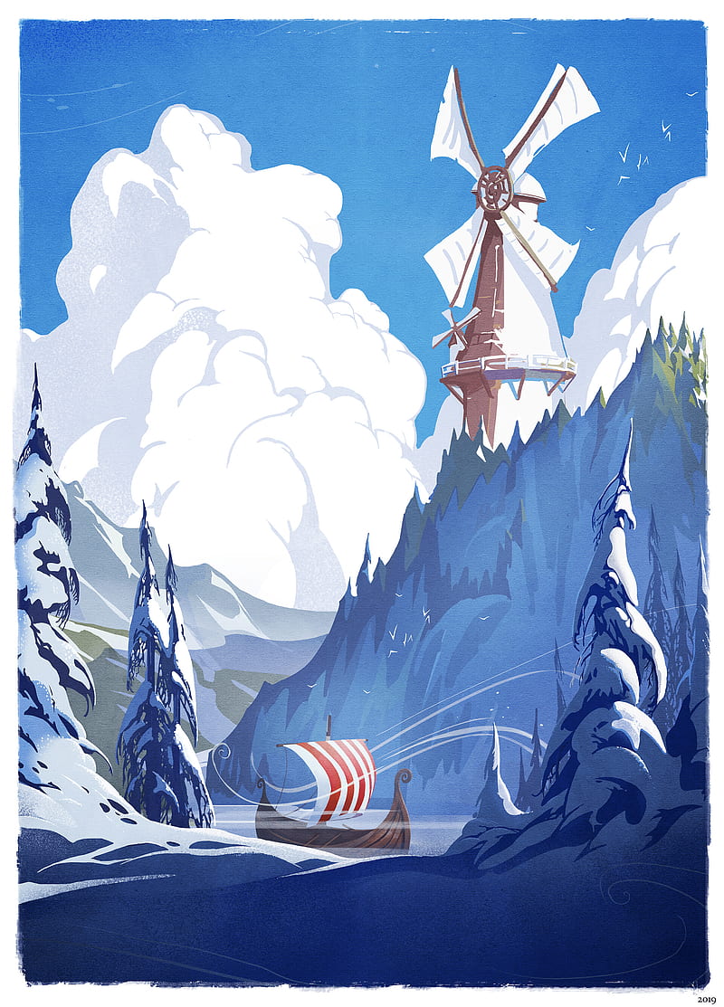 Danny Moll, digital art, ship, windmill, snow, mountains, trees, clouds, birds, postcard, HD phone wallpaper
