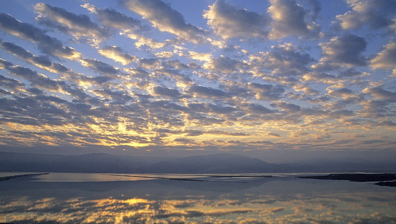 clouds over the dead sea in israel, sunrise, reflection, clouds, sea, HD wallpaper