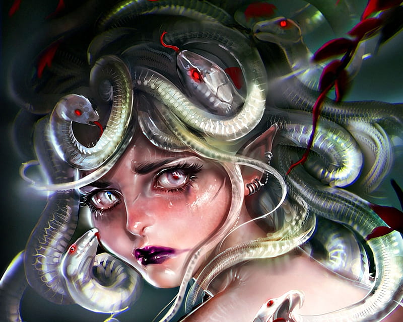 Medusa's sorrow, art, fantasy, girl, medusas sorrow, sakimichan, face, gorgona, snake, HD wallpaper
