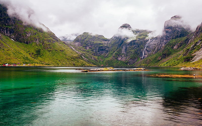 mountains, rocks, lake, fjord, waterfall, Lofoten, Norway, Nordland, Soervaag, HD wallpaper