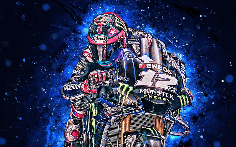 Maverick Vinales MotoGP, 2019 bikes, raceway, Yamaha YZR-M1, Maverick Vinales on track, neon lights, racing bikes, Monster Energy Yamaha MotoGP, Yamaha, Maverick Vinales Ruiz, HD wallpaper