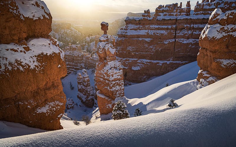 Bryce Canyon after a winter snowstorm, landscape, rocks, usa, utah, snow, HD wallpaper