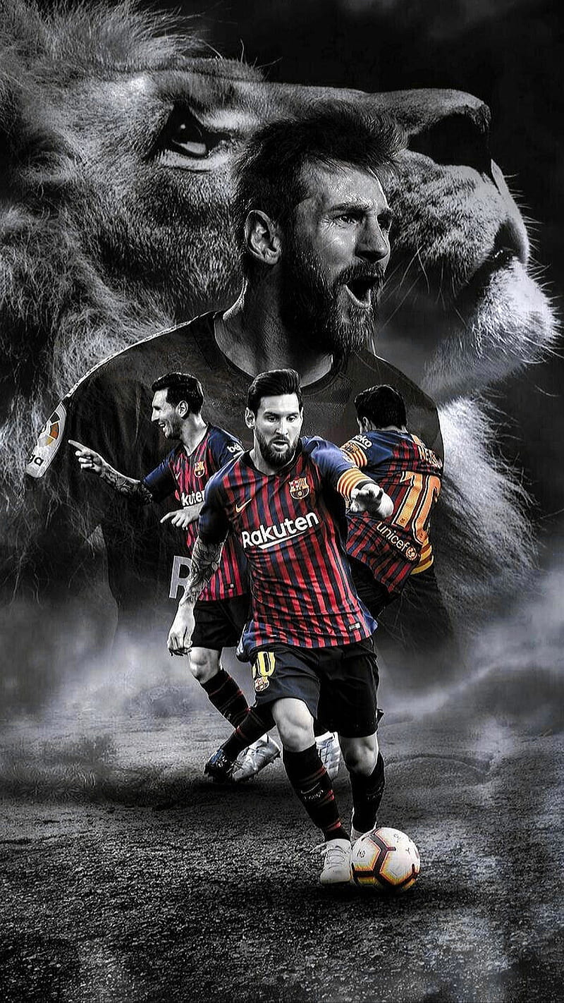 Messi, black and white, barca, barcelona, black and white, football, king, lion, player, spain, HD phone wallpaper