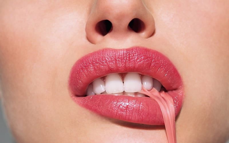 Pink gum, mouth, face, lips, gum, woman, pink, HD wallpaper