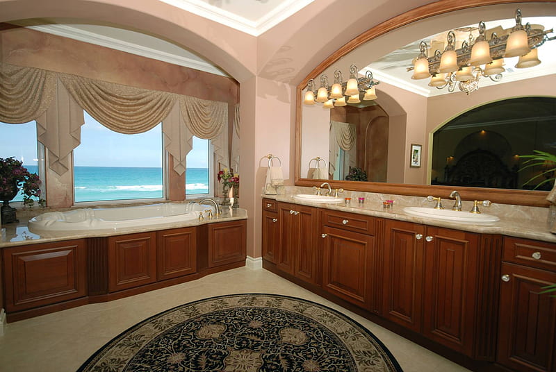 What A Bathroom!, sink, ocean view, bathroom, counters, HD wallpaper