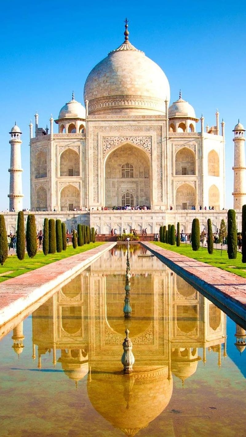 Taj Mahal With Blue Sky Background, taj mahal, blue sky background, ivory white marble, mausoleum, monument, HD phone wallpaper