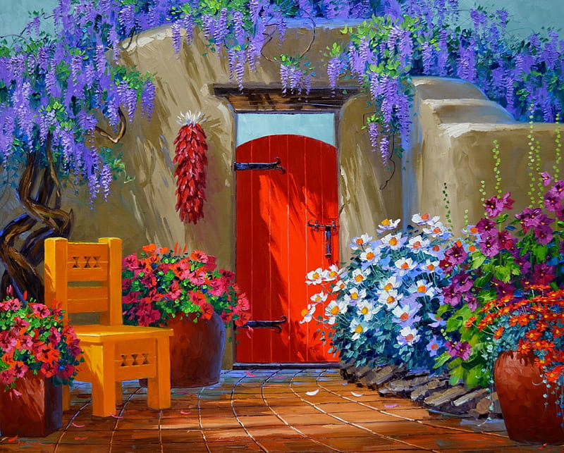 Colorful celebration, pretty, colorful, house, home, bonito, painting, flowers, chair, mediterranean, art, lovely, celebration, colors, yard, freshness, wisteria, summer, HD wallpaper