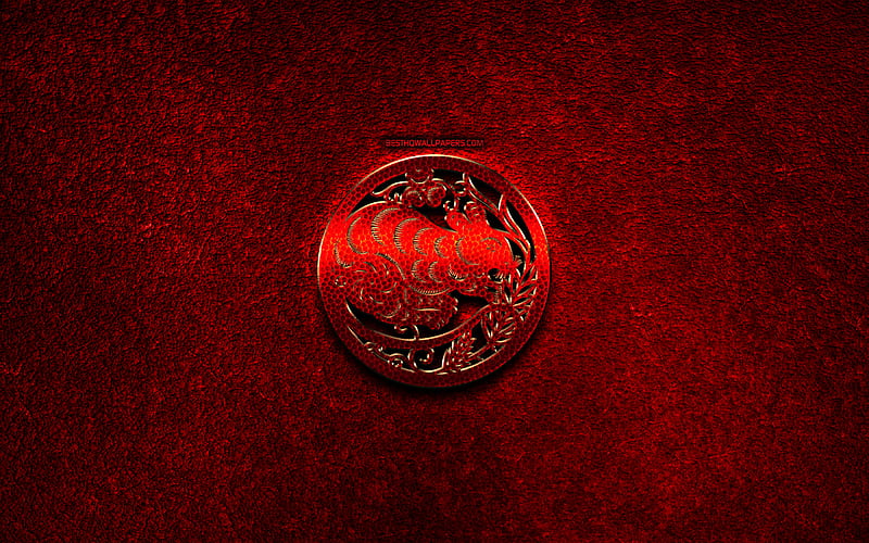 Rat, Chinese zodiac, red metal signs, creative, Chinese calendar, Rat zodiac sign, red stone background, Chinese Zodiac Signs, Rat zodiac, HD wallpaper