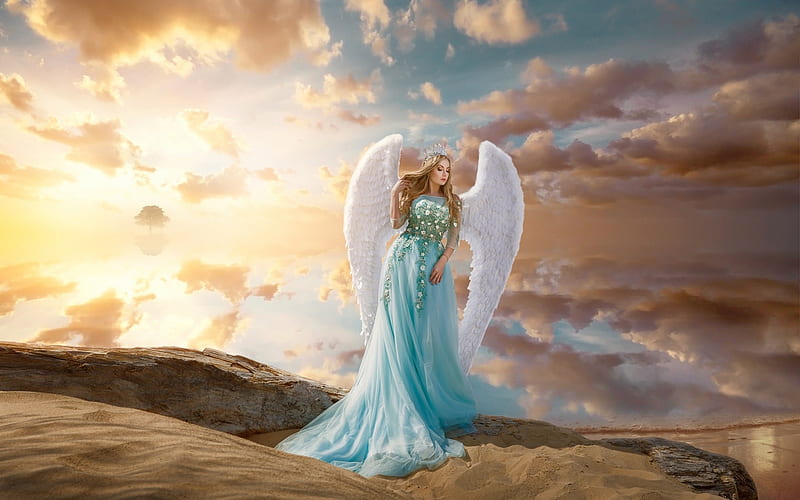 Angel, frumusete, wings, dress, cloud, model, woman, renat khismatulin, girl, white, blue, HD wallpaper