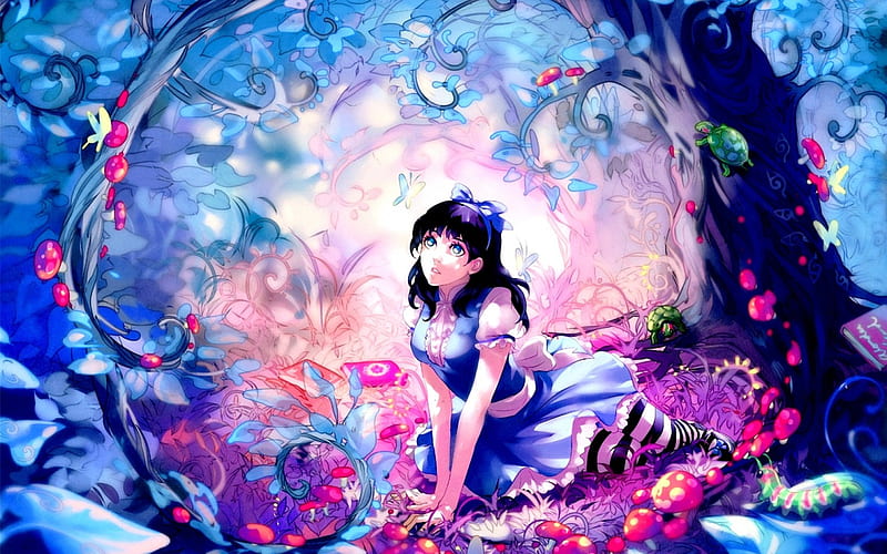 Alice- Alice in Wonderland, Mushroom, Alice, Forest Colourful Background, Blue Eyes, Trees, Flowers, Anime Girl, Blue Dress, HD wallpaper