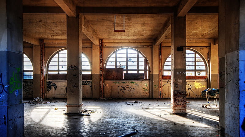 abandoned loft, loft, shopping cart, graffiti, abandoned, HD wallpaper
