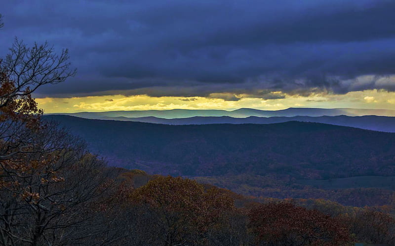 View of Blue Ridge Mountains from Shenandoah National Park, Virginia, sunset, clouds, usa, landscape, HD wallpaper