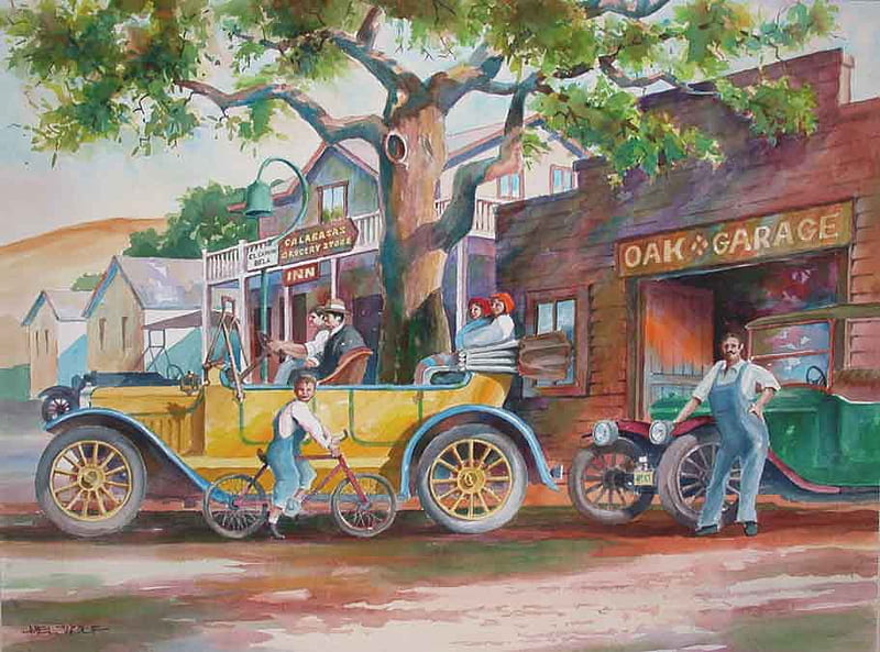 Old Towns Garage, yesteryears, boy, car, yellow, bike, mechanic, HD wallpaper