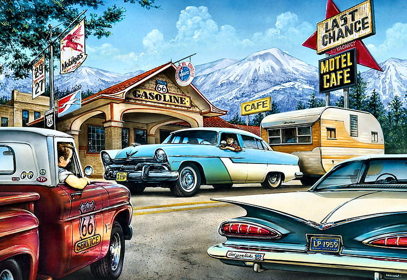 On the Road Again F, art, bonito, 1959 Chevrolet, illustration, artwork, carros, automobile, painting, auto, wide screen, HD wallpaper