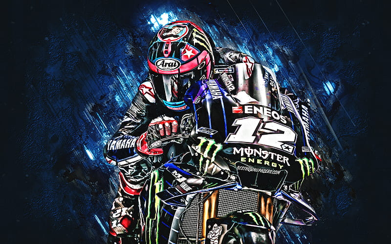 Maverick Vinales, MotoGP, Spanish motorcycle racer, Monster Energy Yamaha MotoGP, Yamaha YZR-M1, creative art, blue stone background, HD wallpaper