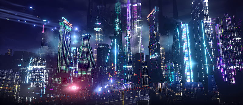 futuristic city skyline night