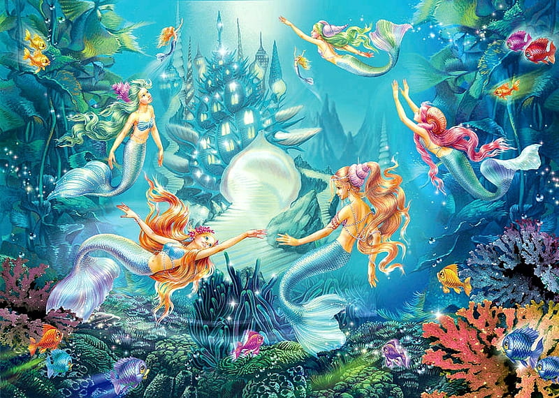 Dancing Mermaids, corals, underwater, fish, painting, castle, artwork, HD wallpaper