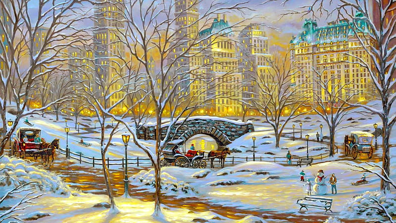 Winter in New York, art, bonito, fun, joy, lights, winter, city, New York, snow, bridge, painting, evening, HD wallpaper