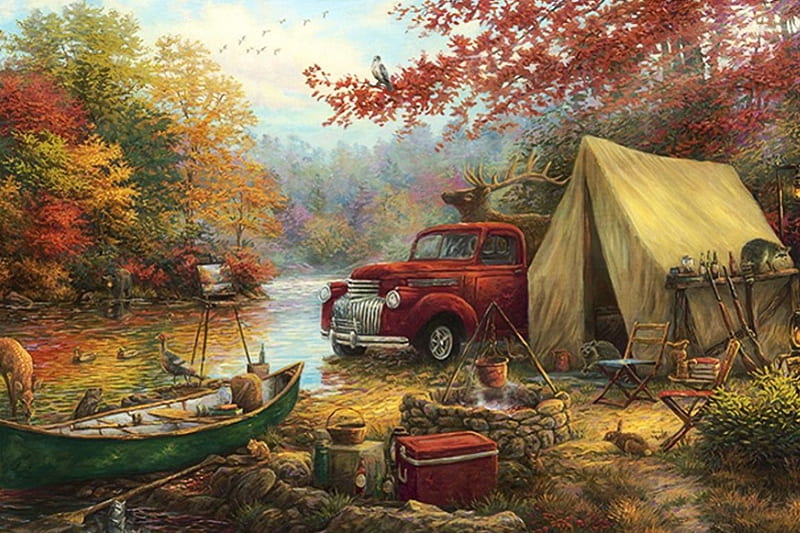 Share the Outdoors, autumn, tent, trees, artwork, deer, fireplace, boat, car, painting, river, vintage, HD wallpaper