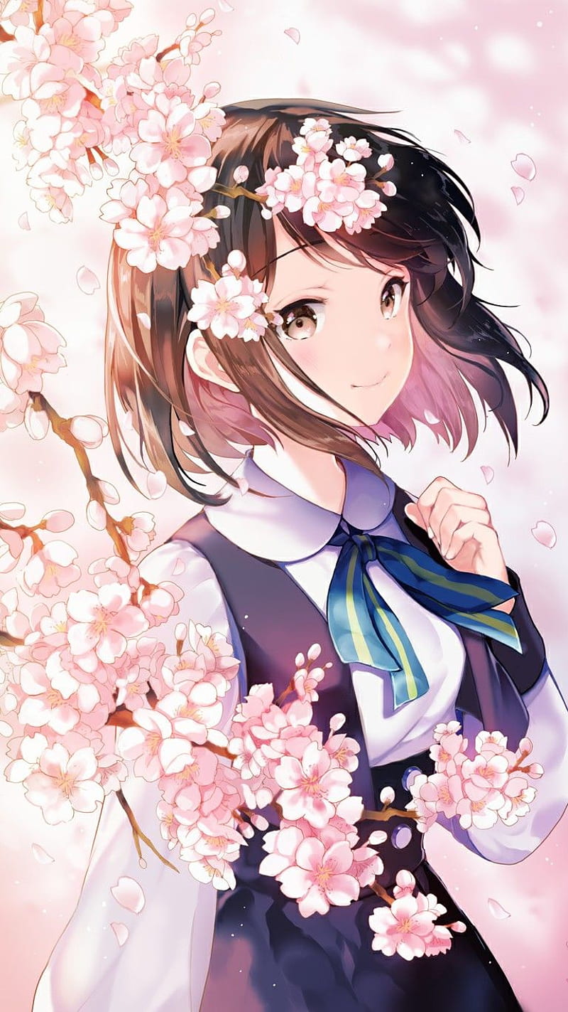 anime girl with long brown hair and brown eyes in front of a floral  background. generative ai. 28507866 Stock Photo at Vecteezy