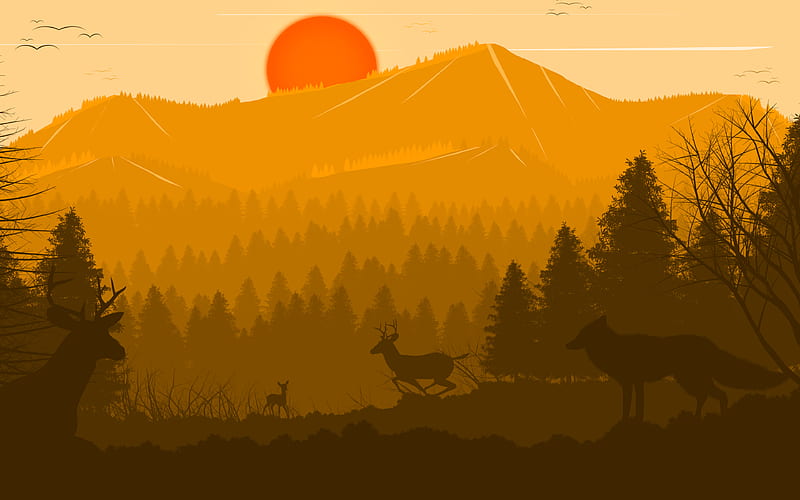 mountains, forest, red sun, animals, minimal, birds, HD wallpaper