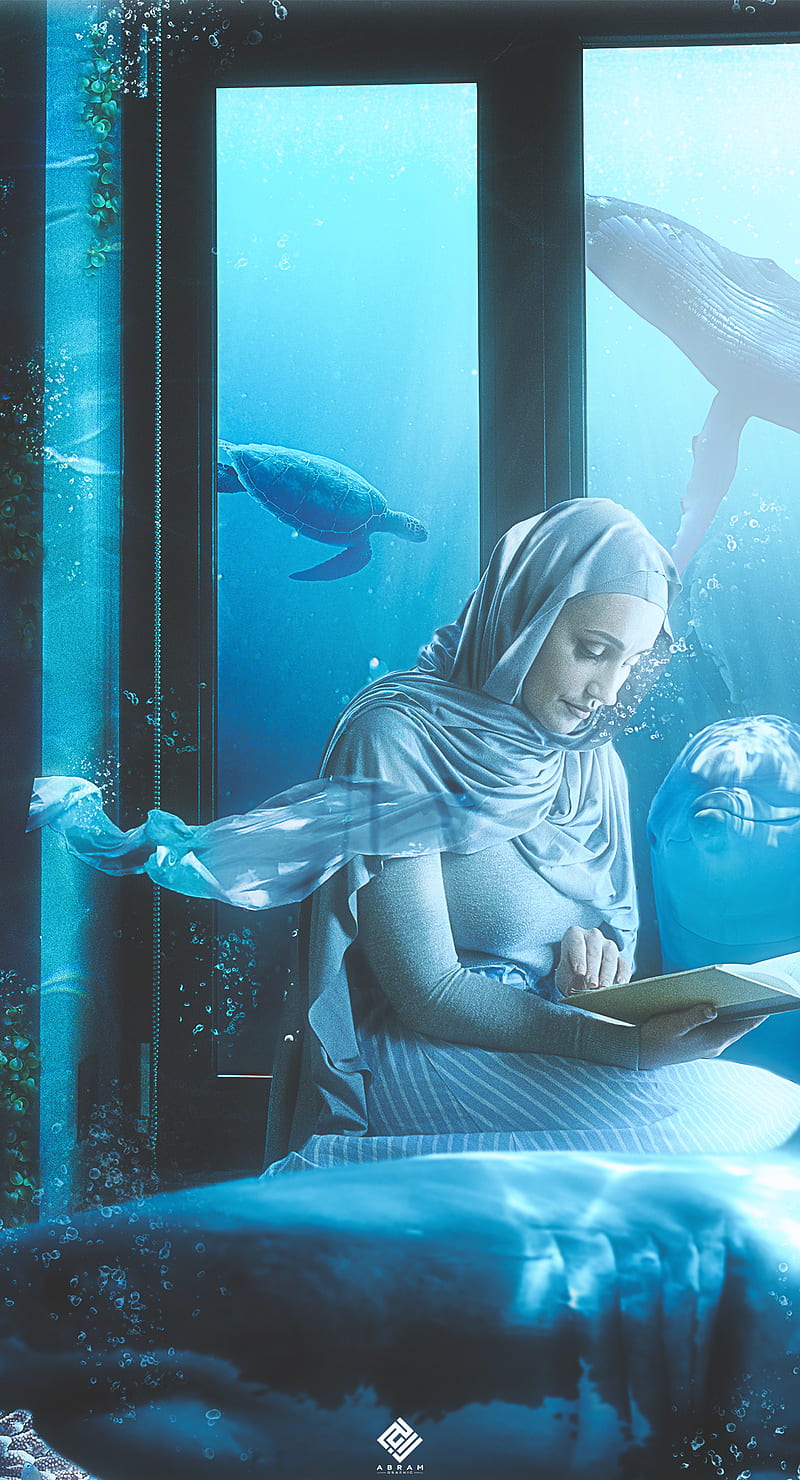 Breathing Underwater, allah, blue, girl, hijab, islam, muhammad, nature, sealife, shark, HD phone wallpaper