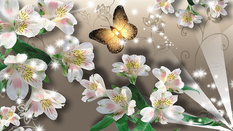 Lilies White on Bronze, sparkle, stars, butterfly, s firefox persona, light beam, flowers, lily, lights, HD wallpaper