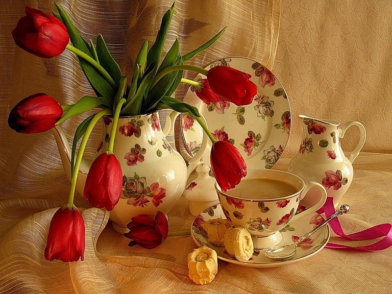 Tea time, red, pretty, lovely, vase, still life, nice, flowers, tulips, HD wallpaper