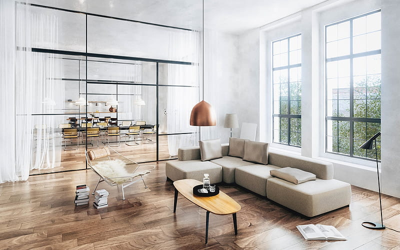 living room, light design, stylish modern interior, minimalism, stylish design of the living room, HD wallpaper