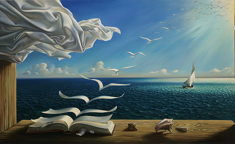 :), art, luminos, surrealism, sea, vara, boat, fantasy, water, ship, vladimir kush, summer, paper, white, blue, HD wallpaper