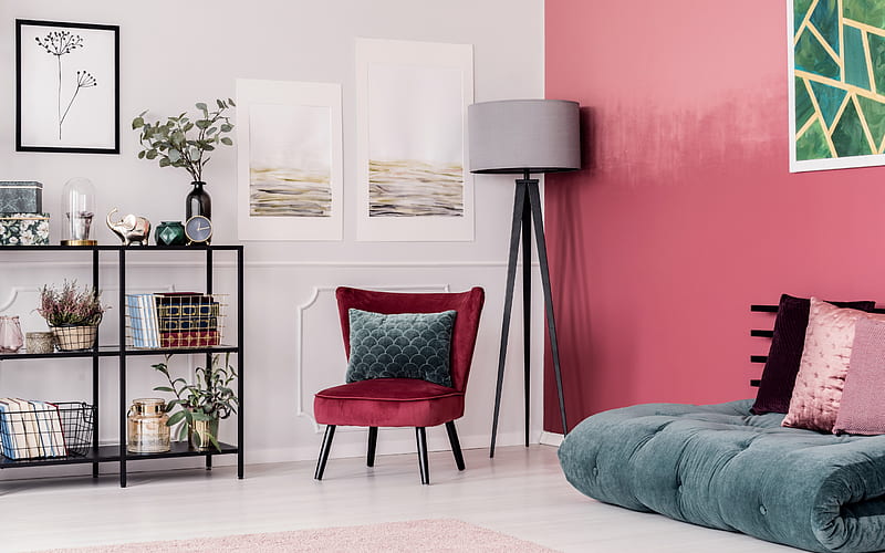 Stylish living room, red walls, modern interior design, living room ...