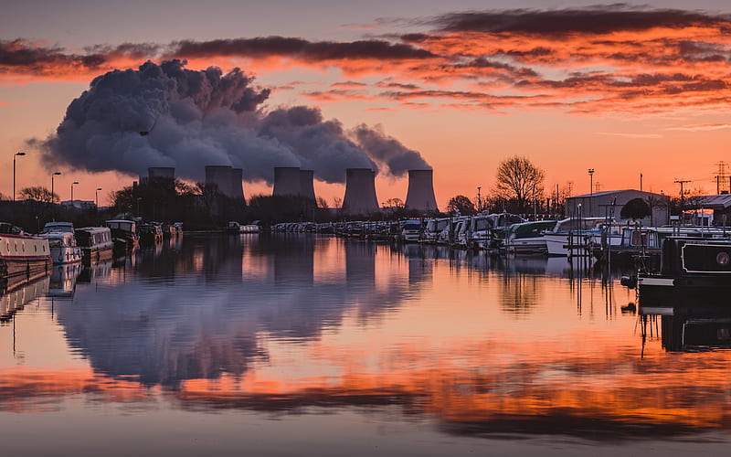 nuclear power plant, evening, sunset, electricity, environmental pollution, ecology, energy, Nottinghamshire, United Kingdom, HD wallpaper