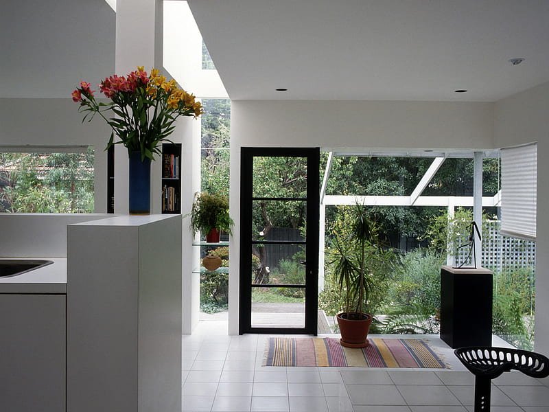 Interior design, table, house, plant, interior, black, desenho, vase, trees, minimalism, glass, green, plants, flowers, room, white, wood, HD wallpaper