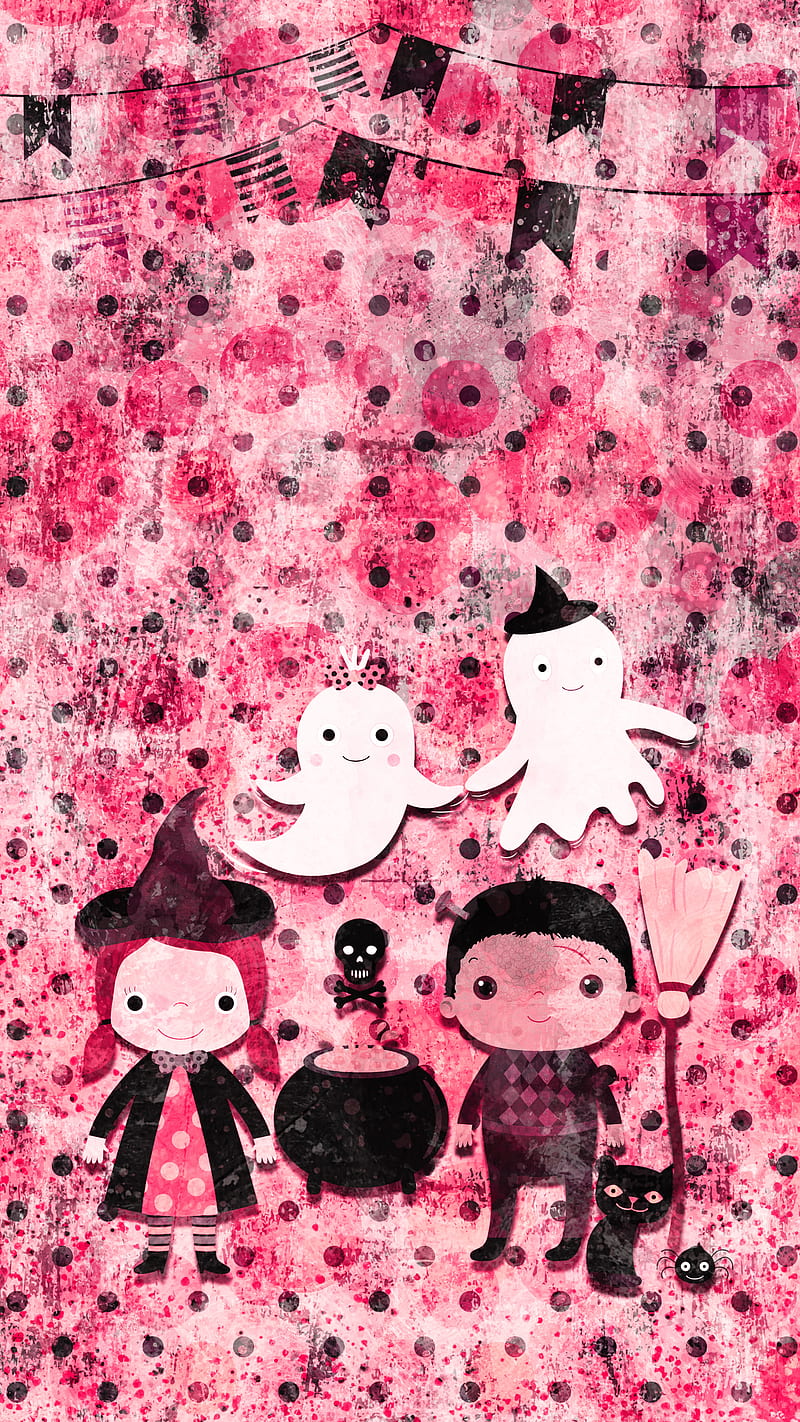 Pink Halloween Scene, Adoxali, animal, autumn, background, bat, broom, carved, cat, cauldron, celebration, characters, creepy, cute, dark, fun, funny, ghost, hat, holiday, illustration, kawaii, kitty, night, owl, party, pattern, poison, pumpkin, scary, silhouette, skull, spider, spooky, sweet, HD phone wallpaper