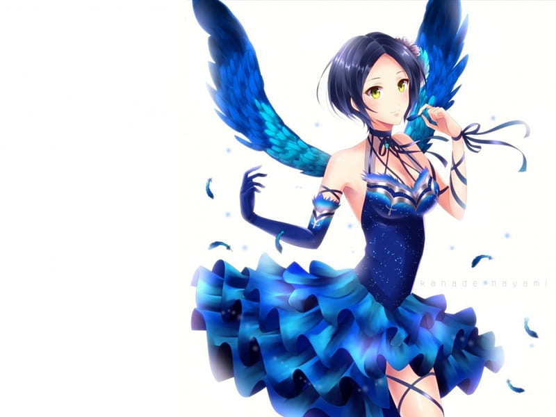 Kanade Hayami, pretty, wing, sweet, nice, anime, feather, beauty, anime girl, wings, lovely, ribbon, gown, sexy, short hair, cute, white, maiden, dress, divine, bonito, sublime, elegant, hot, blue, female, angel, gorgeouse, yellow eyes, plain, girl, blue hair, simple, lady, HD wallpaper