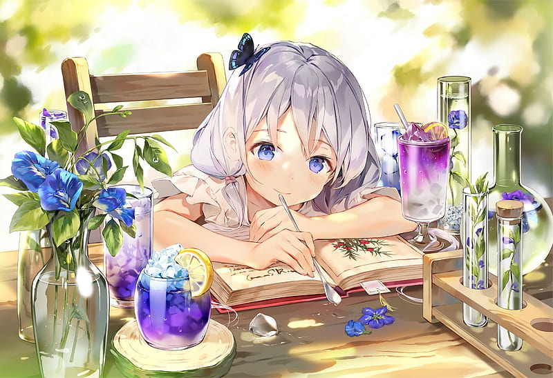 Anime girl, book, drinks, blue eyes, working, white hair, Anime, HD  wallpaper | Peakpx