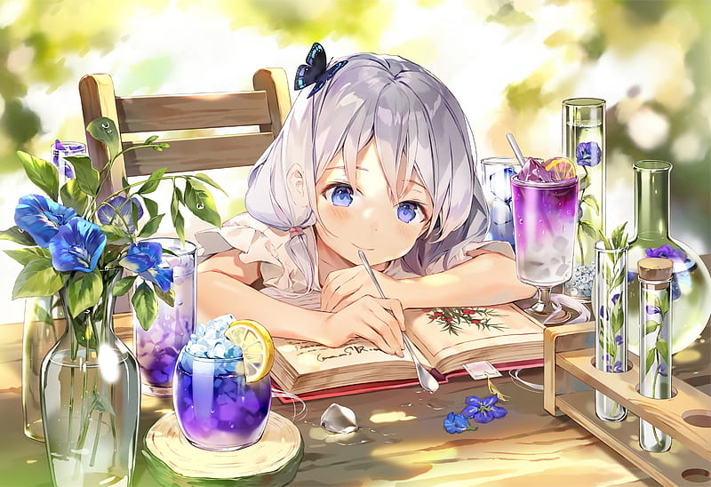 anime girl, book, drinks, blue eyes, working, white hair, Anime, HD wallpaper