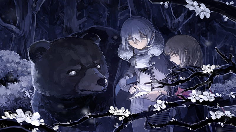 Warrior Cupid in forest and Dangerous Bear, Forest, New, Bear, Anime, BG, Wall, Pixiv Fantasia, Game, Cupid, Colour, Night, Warrior, HD wallpaper