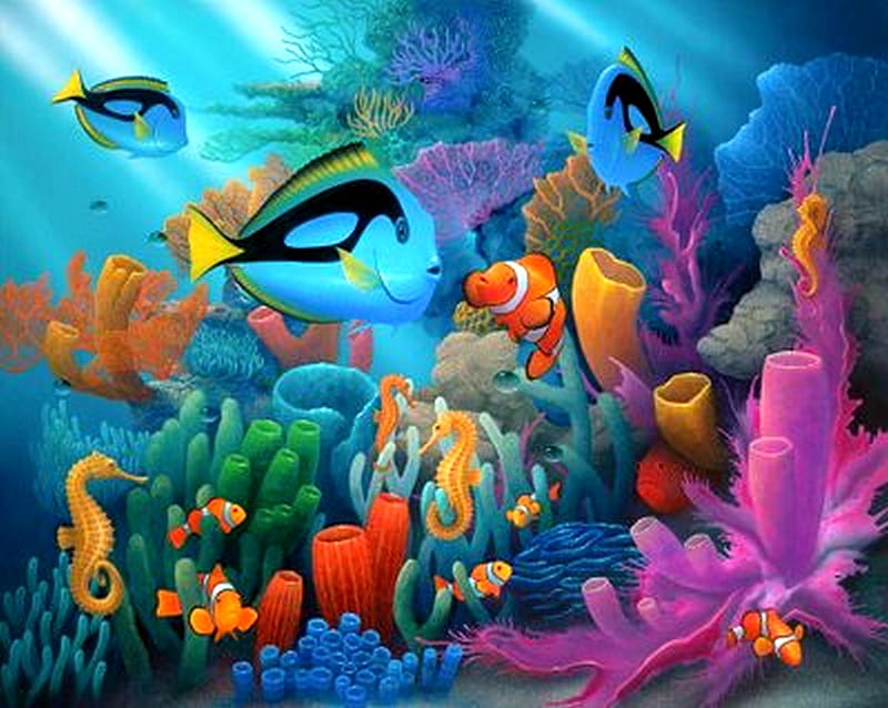 Under the Deep Blue Sea, coral, seahorse, fish, plants, HD wallpaper