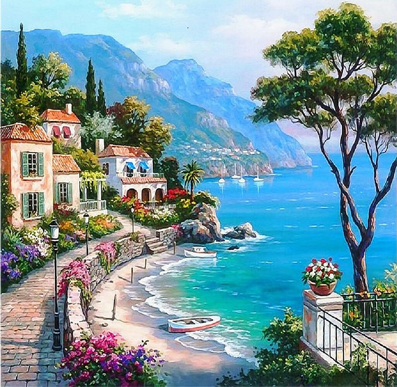 Seaside in Italy, painting, seaside, abstract, Italy, HD wallpaper