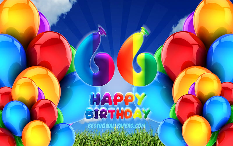 Happy 66 Years Birtay, cloudy sky background, Birtay Party, colorful ballons, Happy 66th birtay, artwork, 66th Birtay, Birtay concept, 66th Birtay Party, HD wallpaper