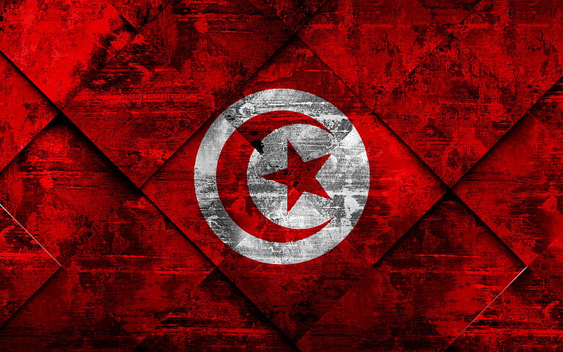 Flag of Tunisia grunge art, rhombus grunge texture, Tunisia flag, Africa, national symbols, Tunisia, creative art, HD wallpaper